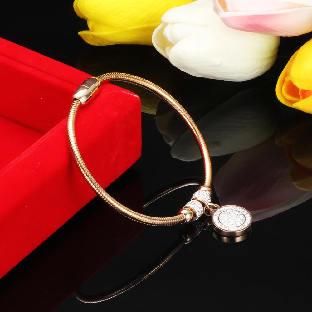High Crystal Quality Bracelet Bangles Coin Magnet Clasp With Snake Chain 316L Stainless Steel Wedding Bangles jewelry
